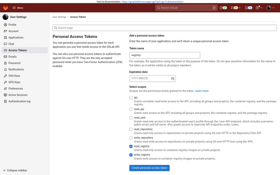 Jeton d'authentification pour accéder au registre des packages GitLab